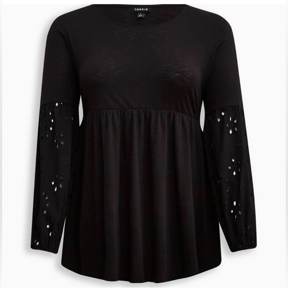 🆕 NWT Torrid Black Slub Knit Eyelet Sleeve Babydoll Top - 0